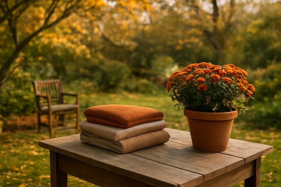 Garden table with folded blankets and potted mums in autumn light