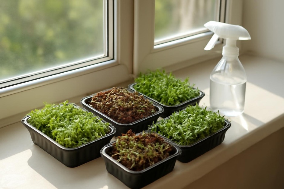 Small trays of mixed microgreens on a sunny windowsill with a watering spray bottle nearby