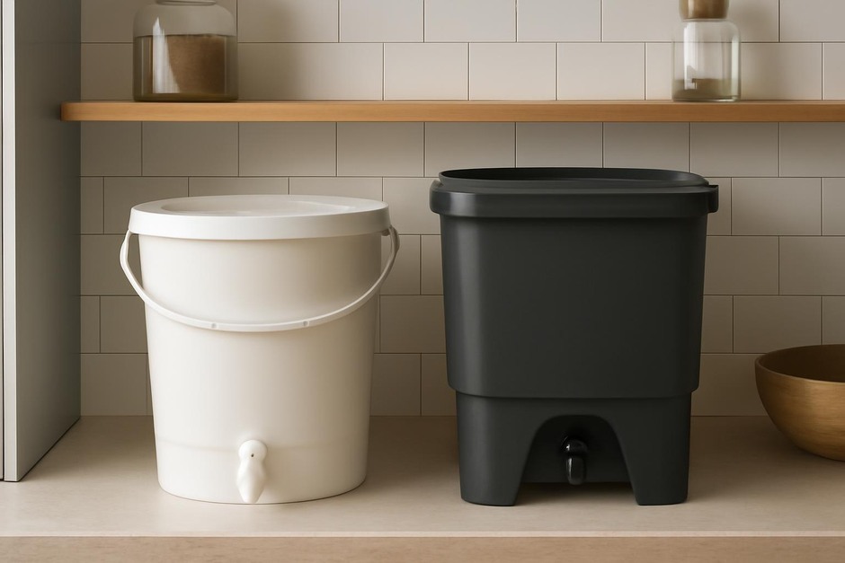 Small bokashi bucket and worm bin side by side on a kitchen shelf