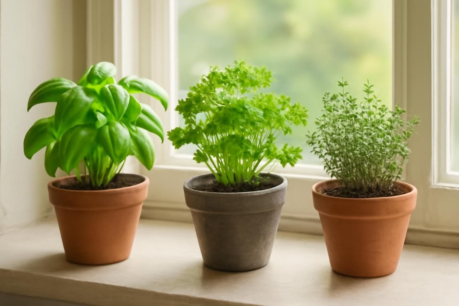 Potted basil, parsley, and thyme on a sunny windowsill arranged for rotation